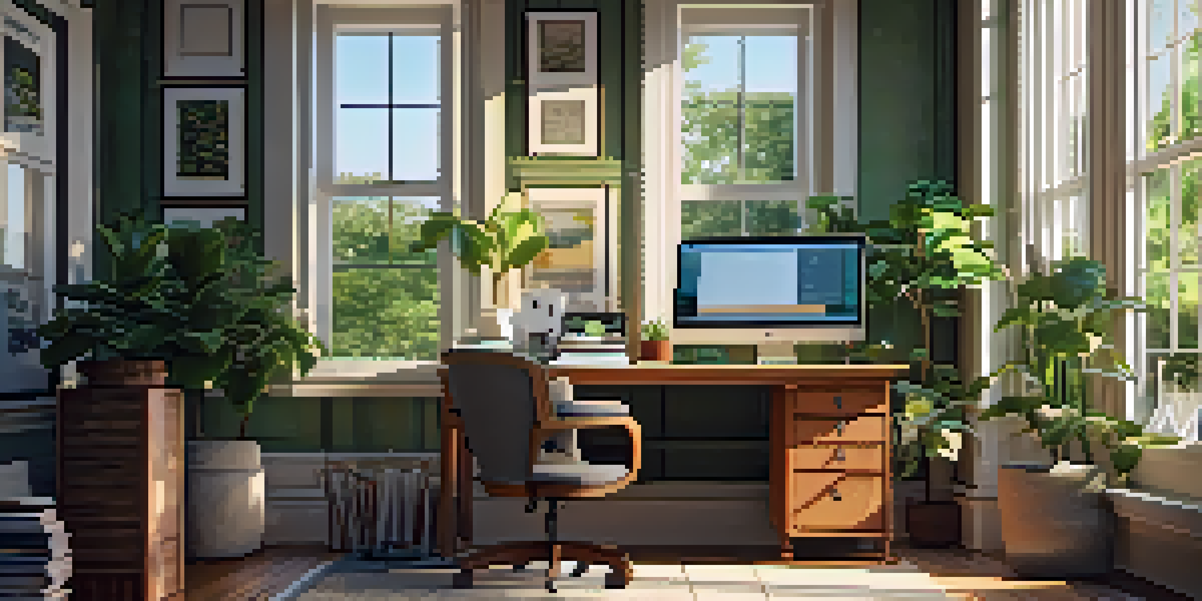 A warm and inviting home office with a wooden desk, computer, and potted plant illuminated by sunlight from a large window.