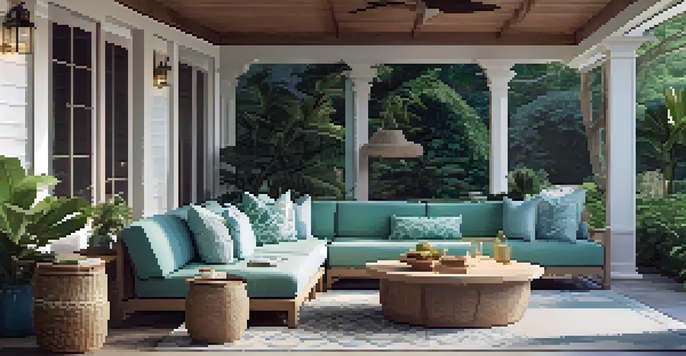 A relaxing outdoor lounge area with oversized cushions, wicker furniture, and a fire pit, surrounded by greenery and warm sunlight.