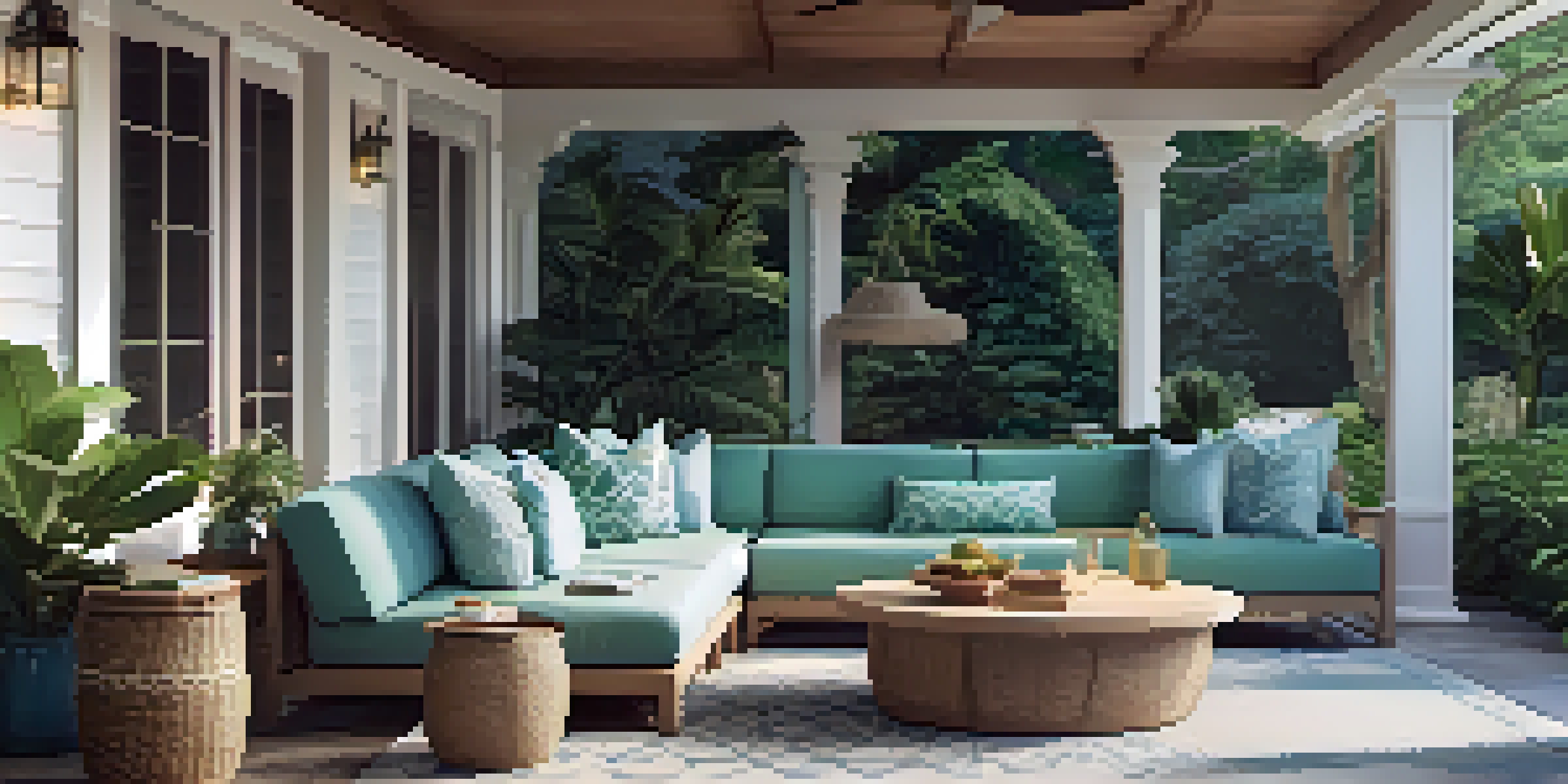 A relaxing outdoor lounge area with oversized cushions, wicker furniture, and a fire pit, surrounded by greenery and warm sunlight.