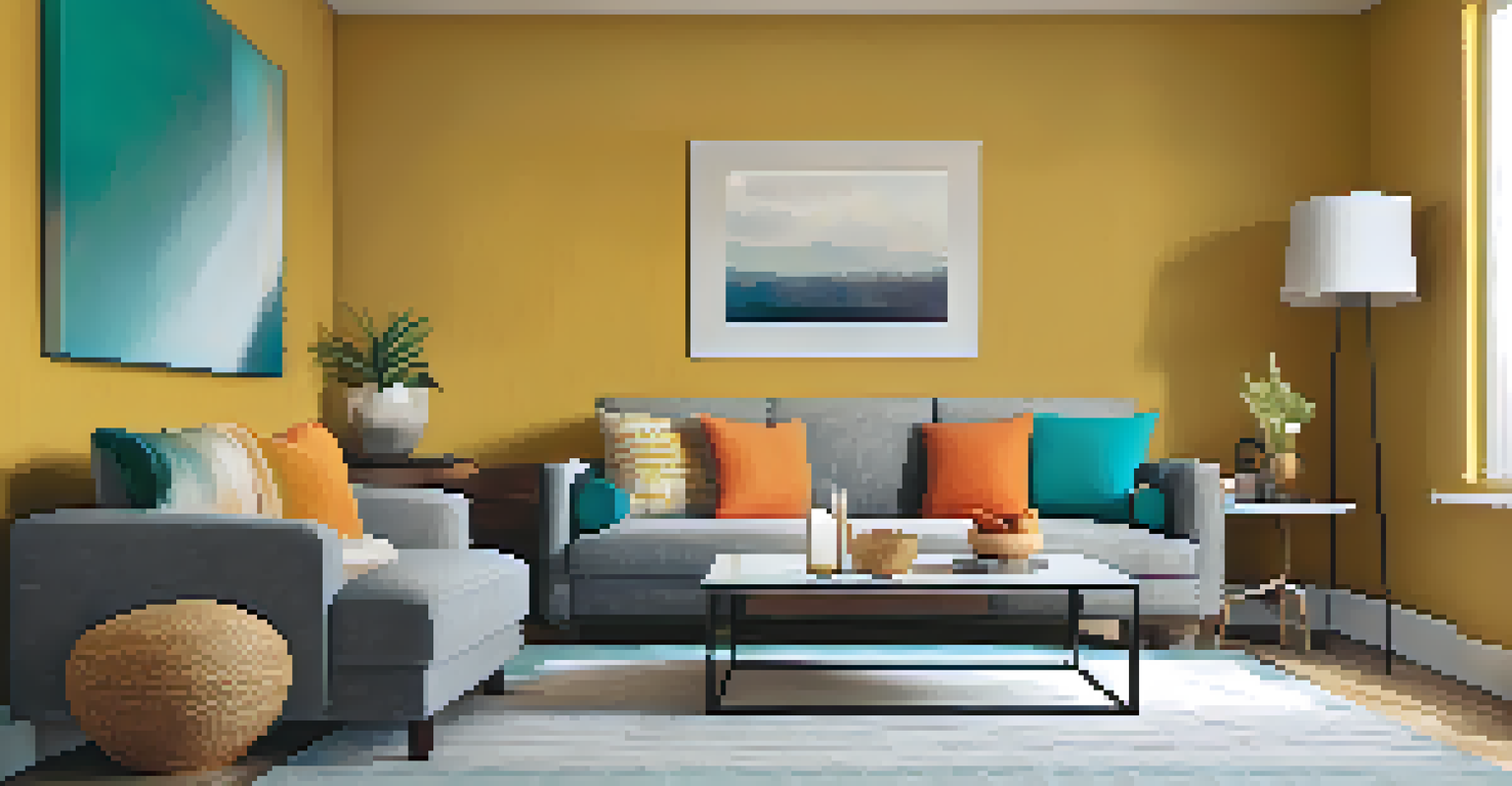 A cozy small living room with a mustard yellow accent wall and gray furniture, decorated with colorful throw pillows and a large mirror.
