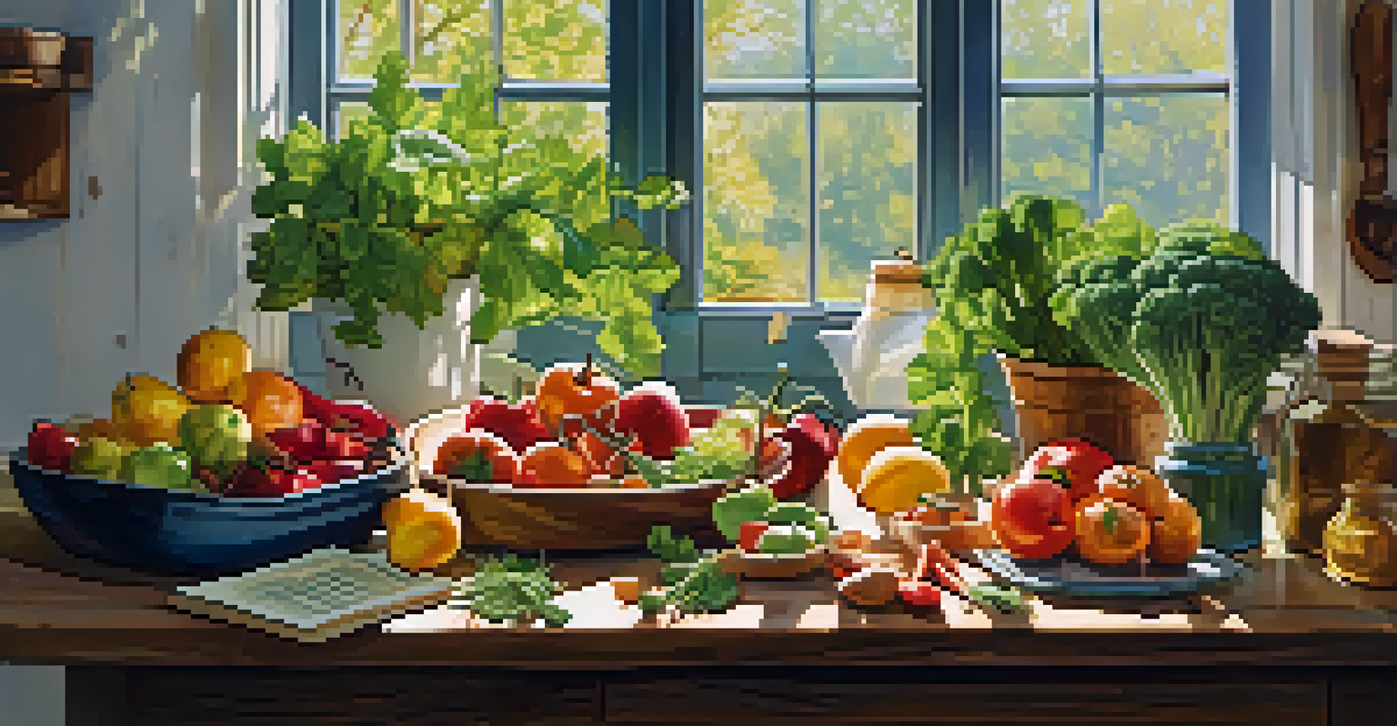 A warm kitchen with fresh vegetables and fruits from a farmer's market on a wooden table, illuminated by sunlight, with an open recipe book.
