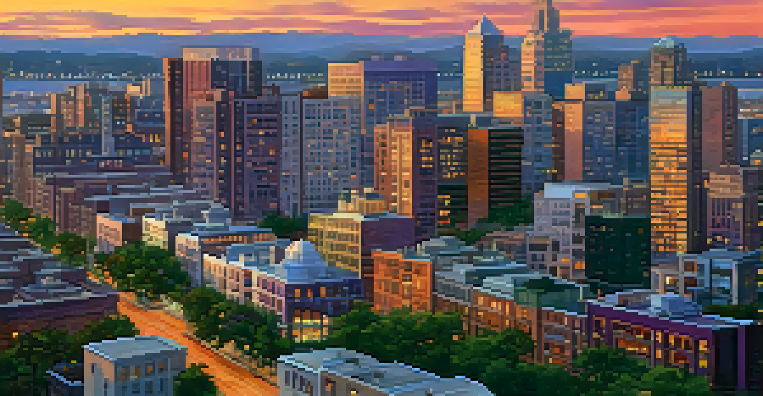 Aerial view of a city skyline at sunset showcasing various buildings.