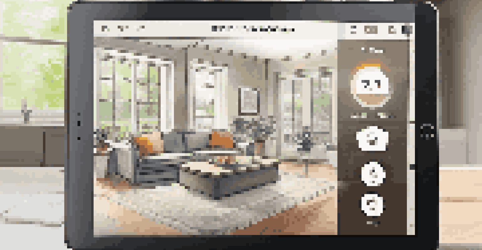 A close-up of a tablet displaying a home security system interface in a modern home setting.