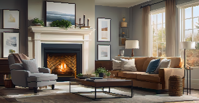 A family sitting in a cozy living room with a fireplace, discussing homeowners insurance, surrounded by warm lighting and soft textures.