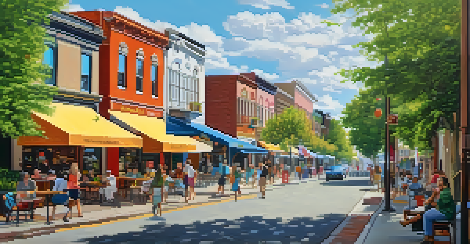 A lively urban street filled with shops and cafes, people walking and dining outdoors.