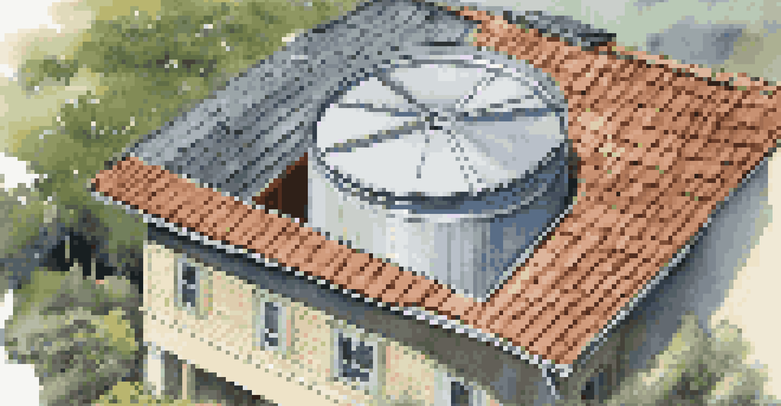 An overhead view of a sloped metal roof with gutters directing rainwater into a storage tank, set against a clear blue sky.