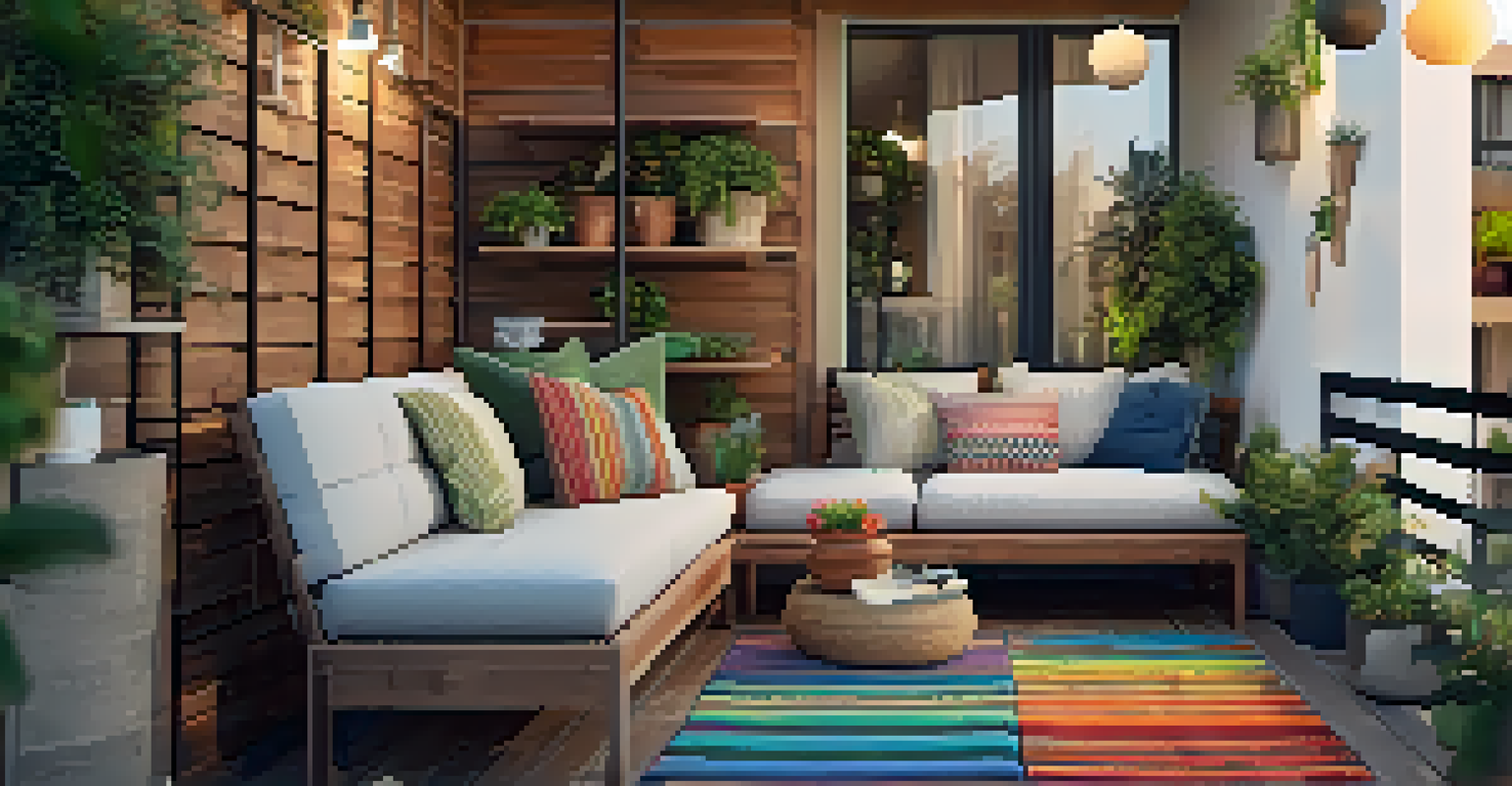 A small balcony featuring multifunctional furniture and wall-mounted shelves with decorative items, illuminated by solar-powered lanterns.