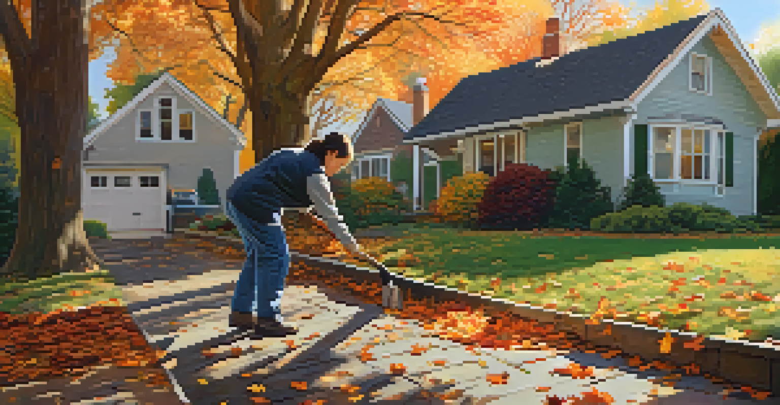 A person clearing leaves from a gutter in front of a cozy home surrounded by autumn foliage.