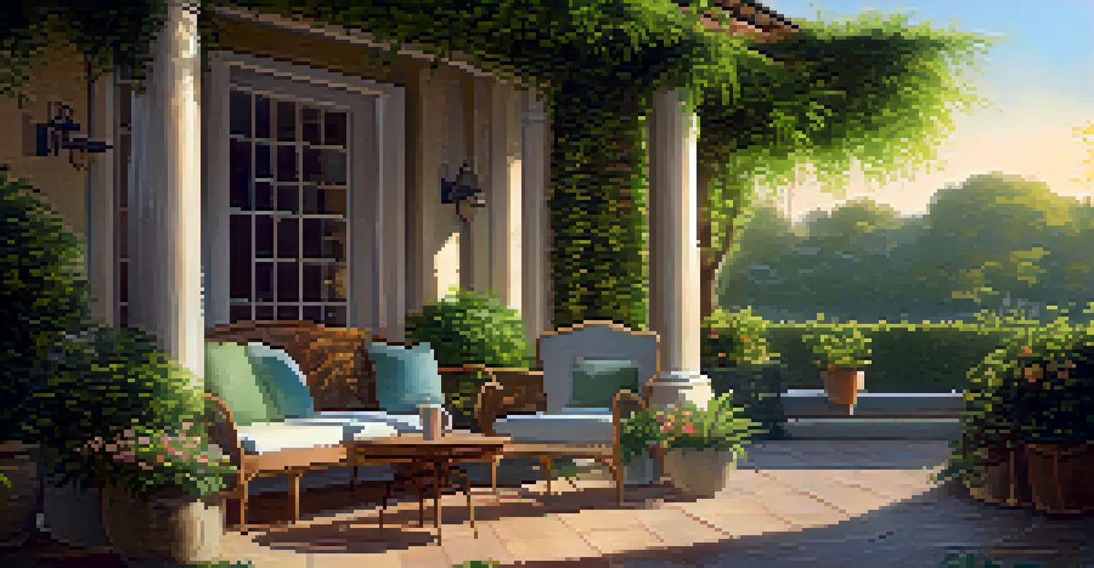 An outdoor patio with comfortable seating, a table, and greenery, illuminated by evening light.
