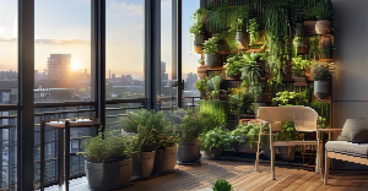 A balcony with a vertical garden and city skyline at sunset, featuring natural wood furniture.