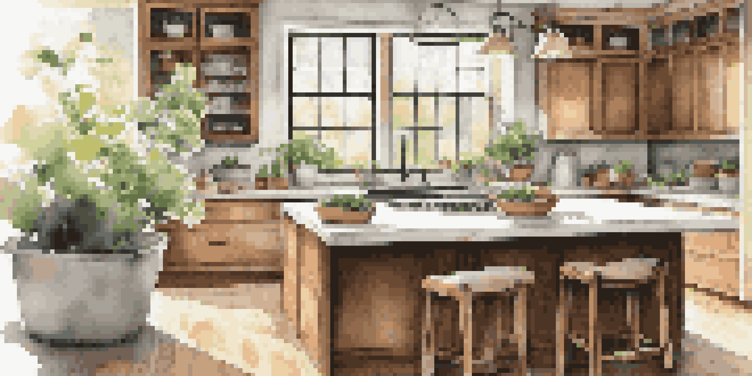 A modern kitchen featuring wooden cabinets, a marble countertop island, and stainless steel appliances, illuminated by soft natural light.
