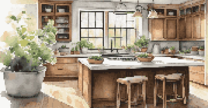 A modern kitchen featuring wooden cabinets, a marble countertop island, and stainless steel appliances, illuminated by soft natural light.