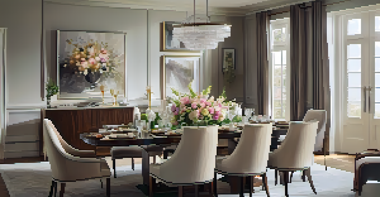 An elegantly set dining room with a floral centerpiece and warm lighting creating an inviting atmosphere.