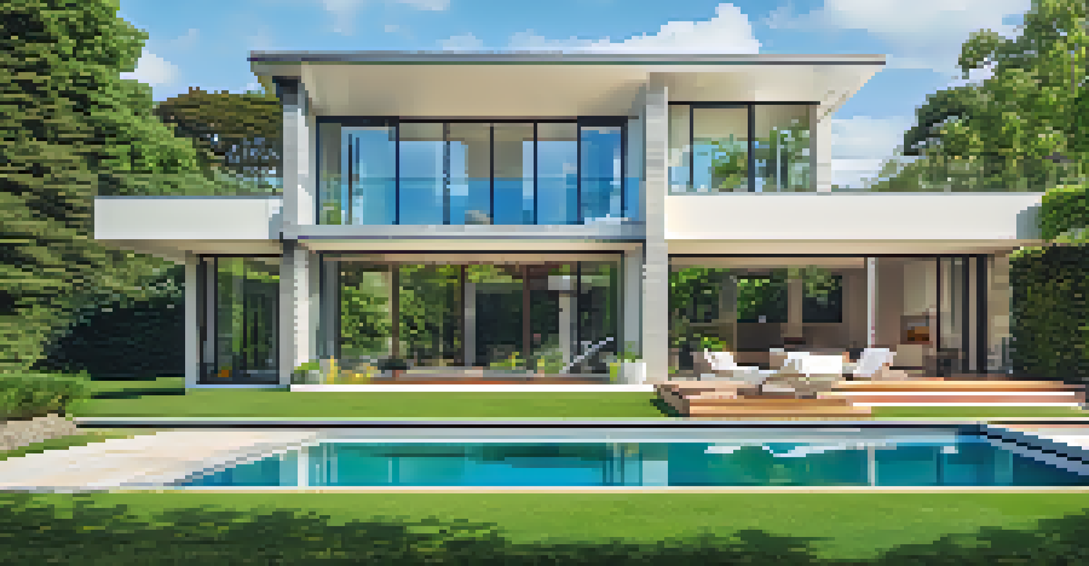 A contemporary house with sleek energy-efficient windows surrounded by greenery and a blue sky.
