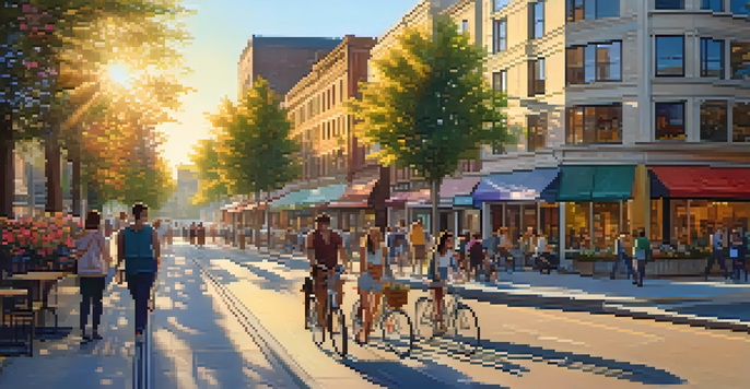 A vibrant urban street filled with people enjoying the evening, with modern buildings and colorful flowers.