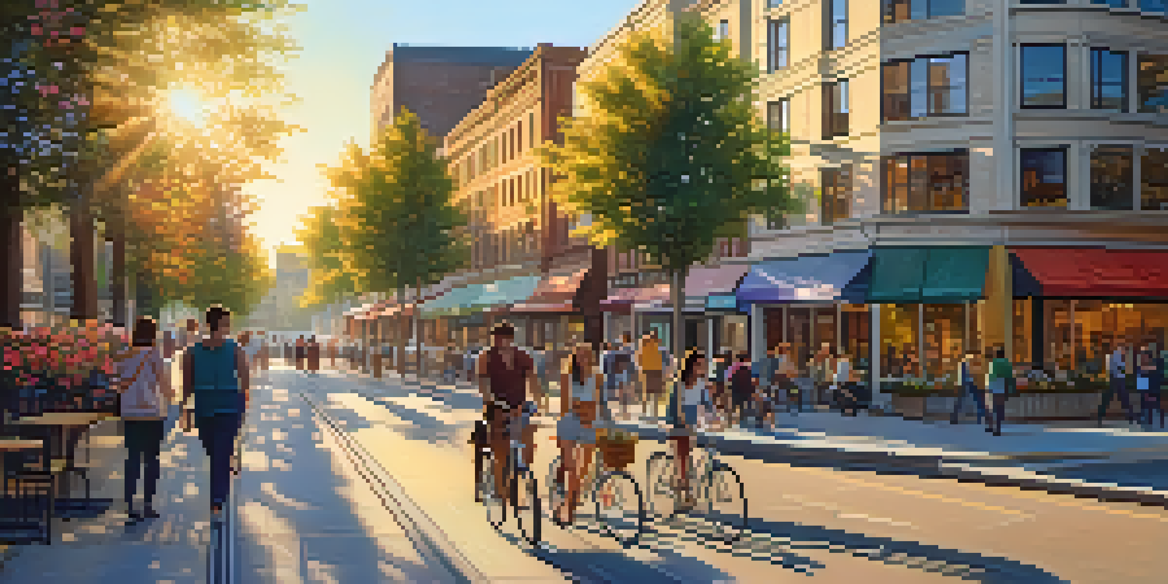 A vibrant urban street filled with people enjoying the evening, with modern buildings and colorful flowers.