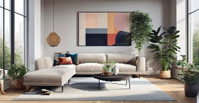 A bright and modern living room with a minimalist design, large windows, and stylish furniture.