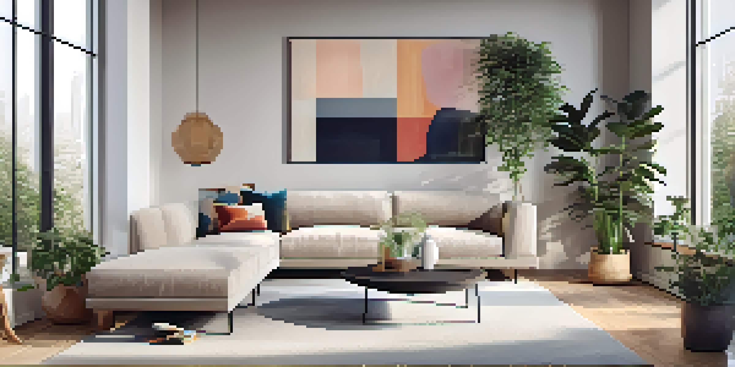 A bright and modern living room with a minimalist design, large windows, and stylish furniture.