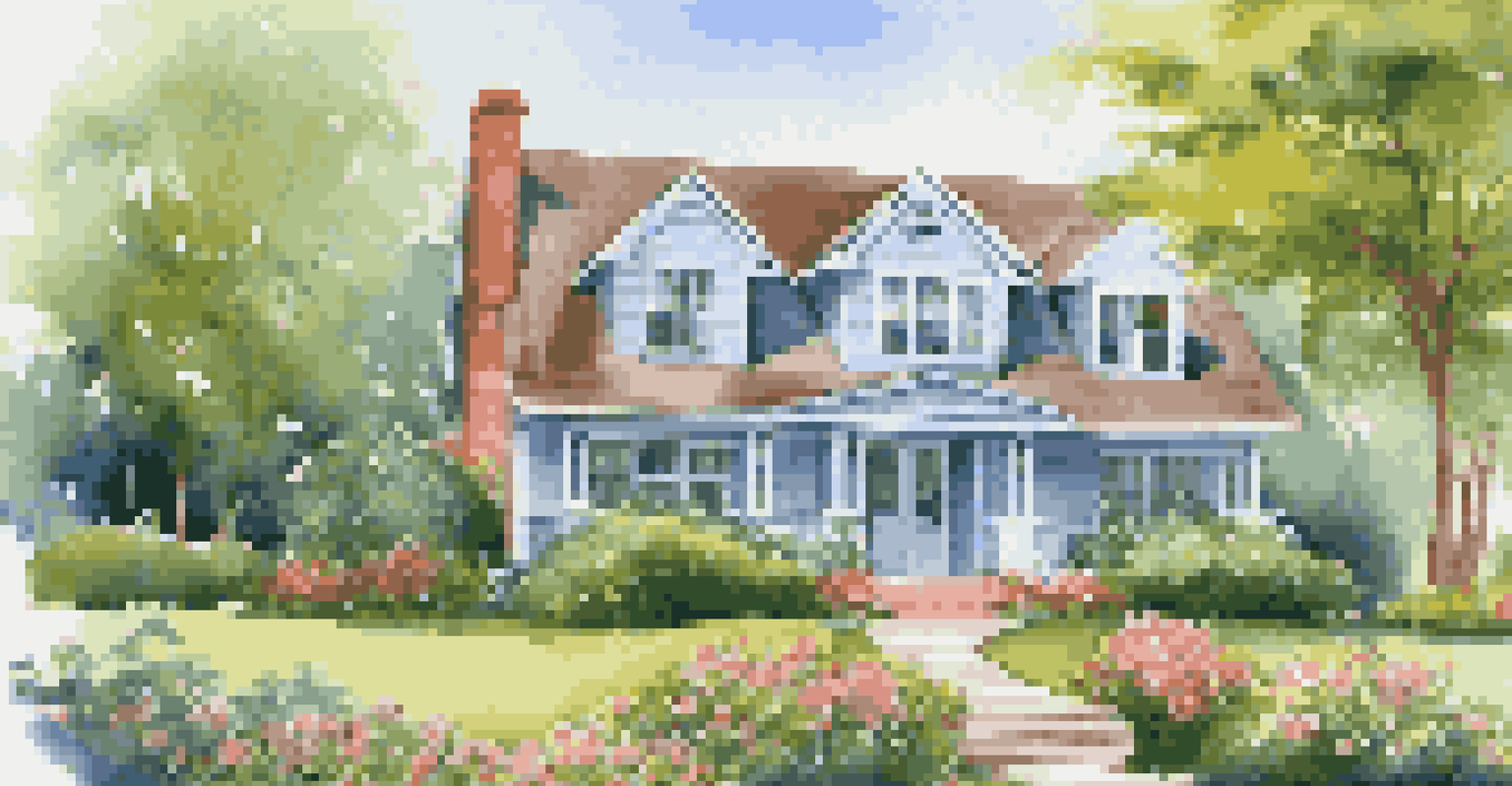 A suburban house with a 'Home Warranty Included' sign in the yard, surrounded by greenery and flowers.