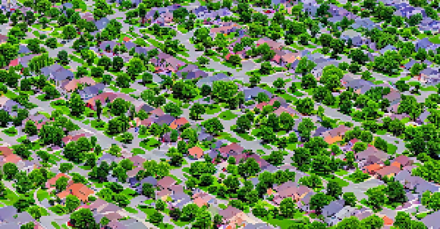 Aerial view of a suburban neighborhood featuring various types of homes and green parks.