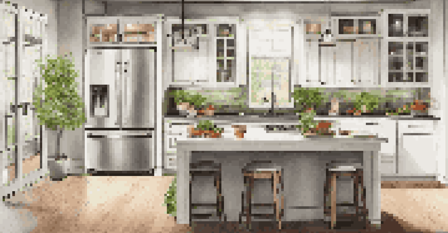 A modern kitchen with new appliances and a stylish island, featuring bright cabinets and fresh herbs.