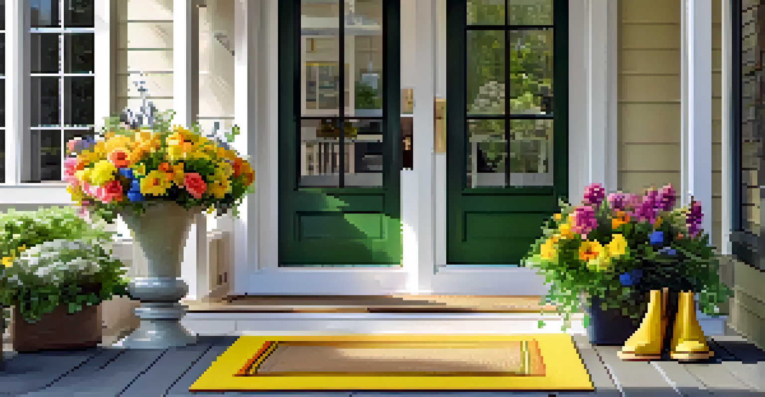 An inviting entryway with a welcome mat, fresh flowers, and organized coat hooks.