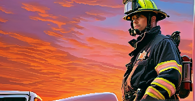 A firefighter in gear stands in front of a fire truck under a colorful sunset.