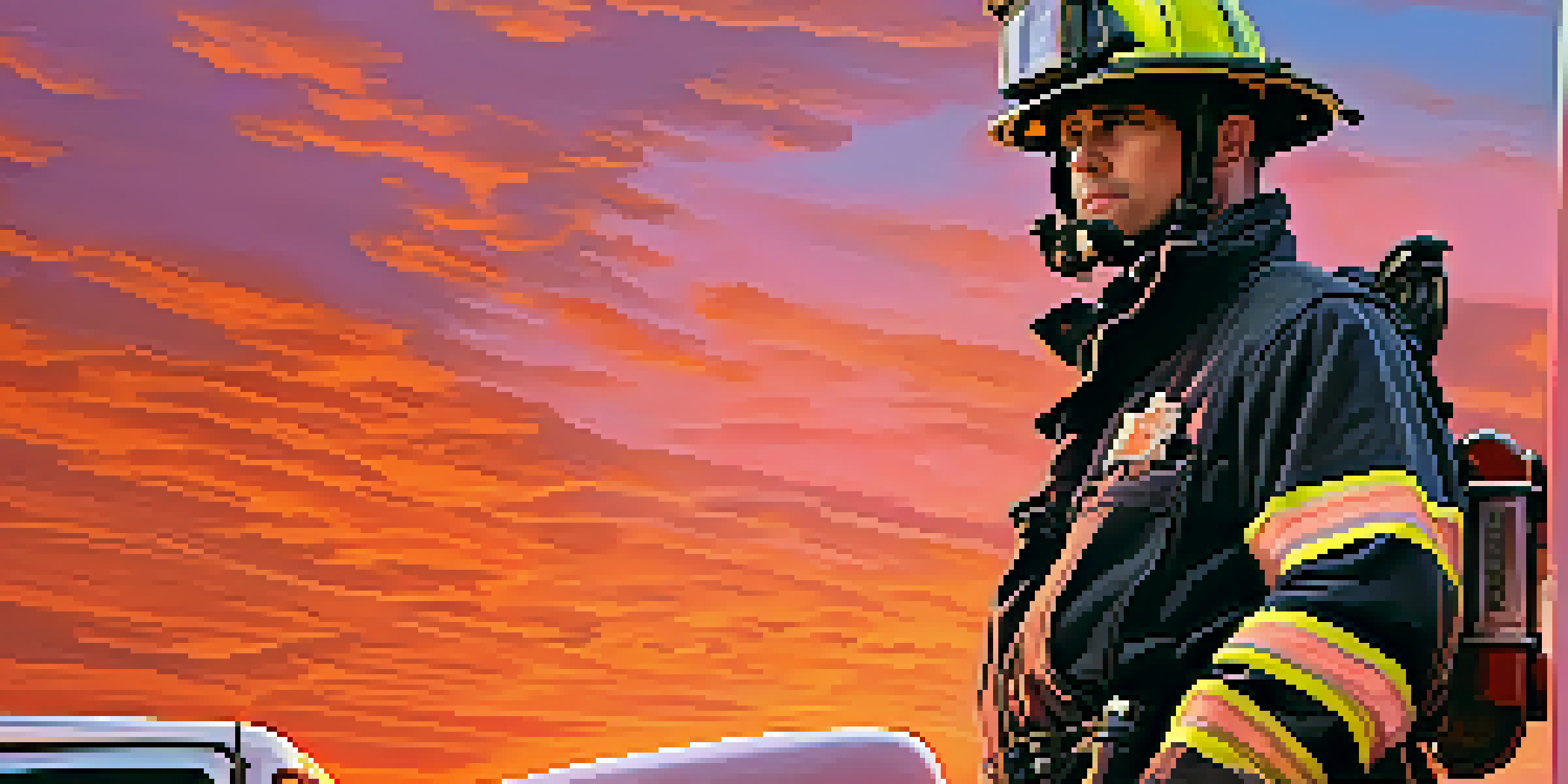 A firefighter in gear stands in front of a fire truck under a colorful sunset.