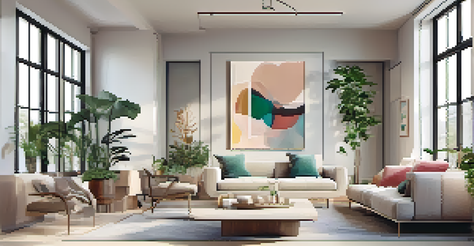 A bright and modern living room with natural light, stylish furniture, and a virtual tour interface displaying features.