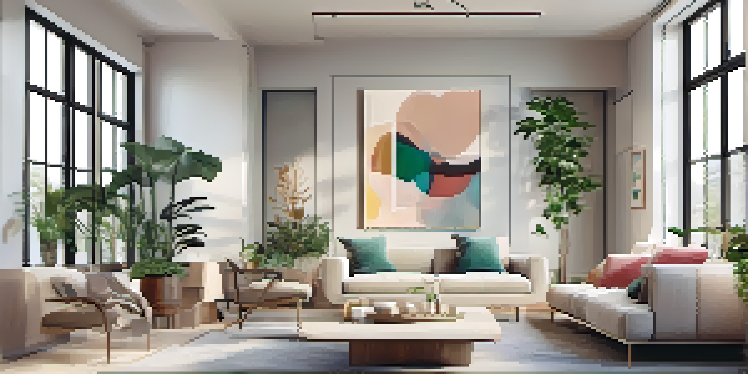 A bright and modern living room with natural light, stylish furniture, and a virtual tour interface displaying features.