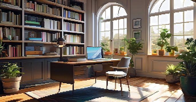 A modern home office with a desk, laptop, plants, and bookshelves, illuminated by sunlight from a large window.