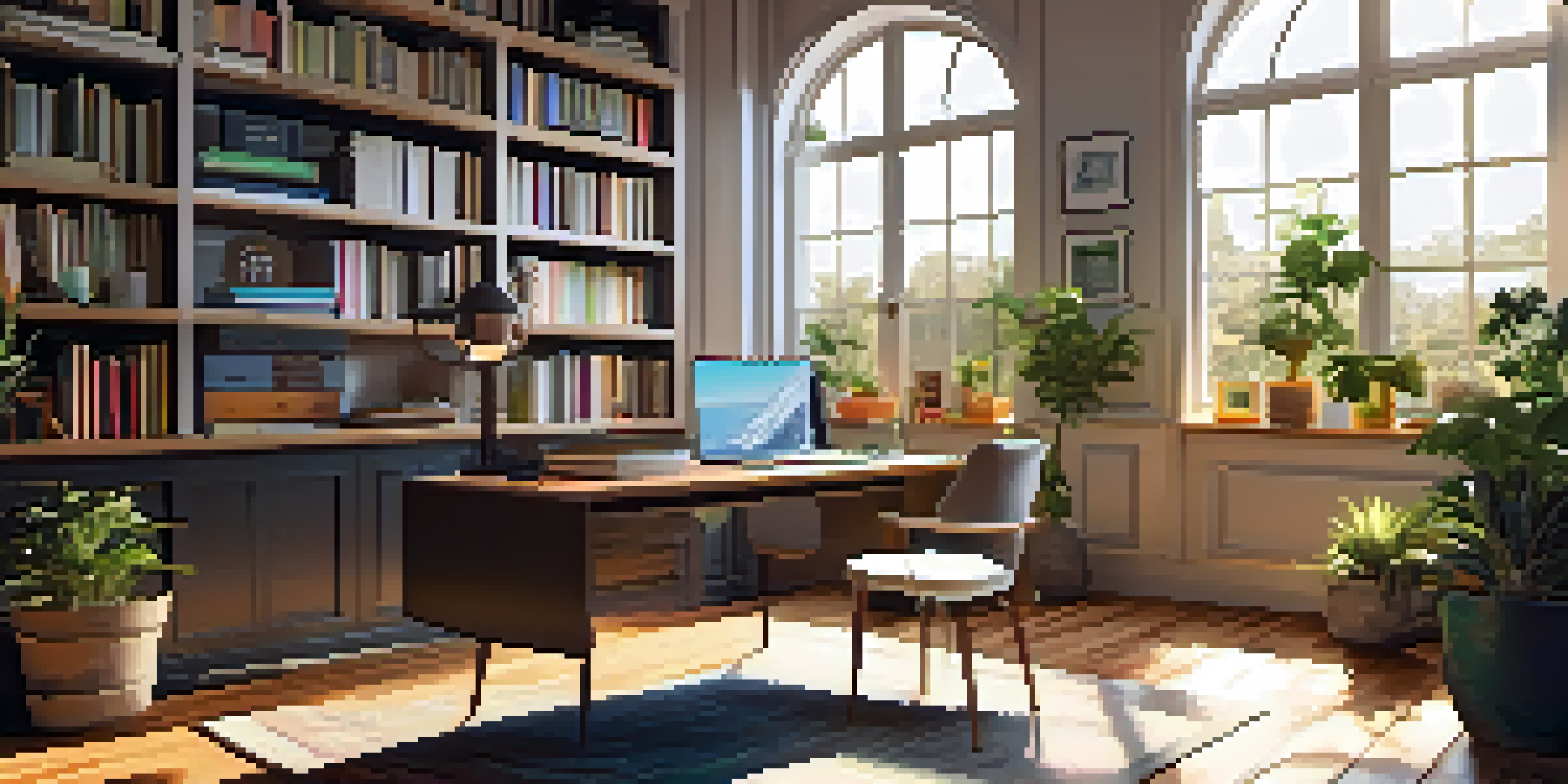 A modern home office with a desk, laptop, plants, and bookshelves, illuminated by sunlight from a large window.