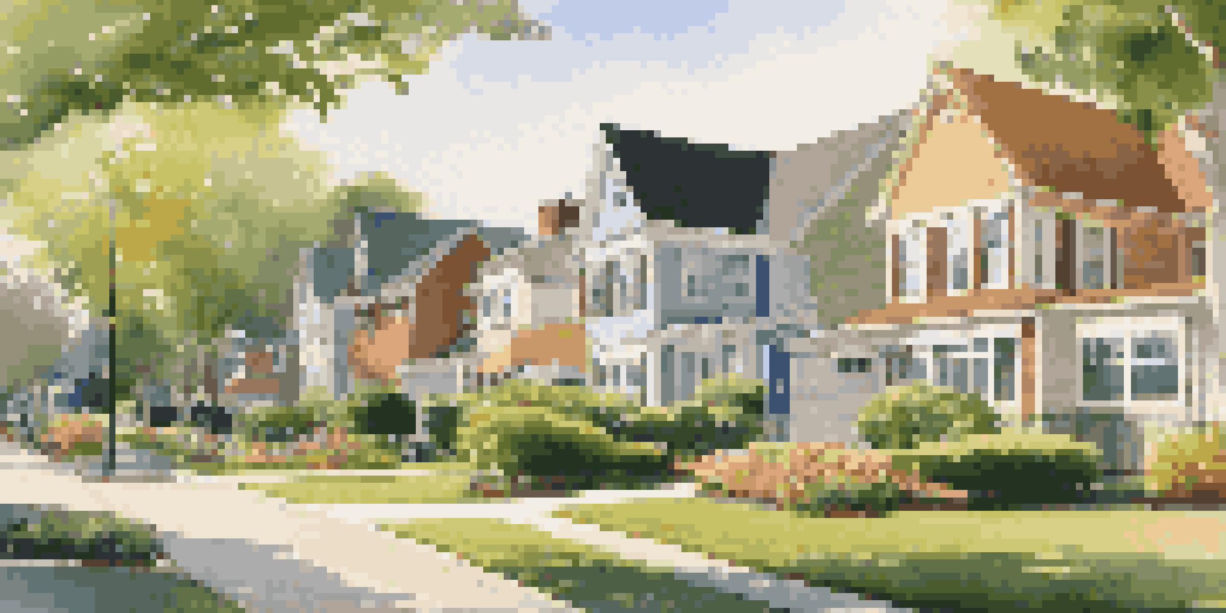 A serene suburban neighborhood with well-maintained homes, green lawns, and a community park under golden hour sunlight.