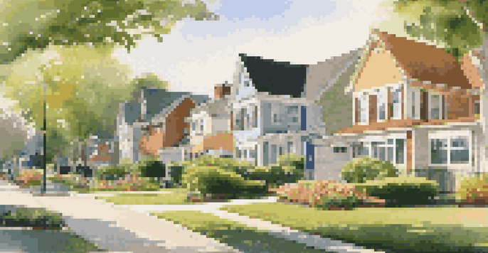 A serene suburban neighborhood with well-maintained homes, green lawns, and a community park under golden hour sunlight.