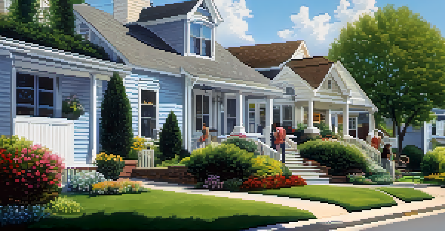 A suburban neighborhood with homeowners engaged in various home improvement projects under a clear blue sky.