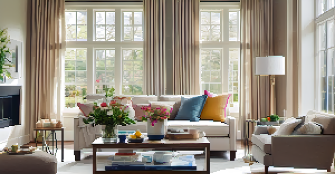 A cozy living room filled with natural light, decorated with a sofa, coffee table, and fresh flowers, ideal for an open house.