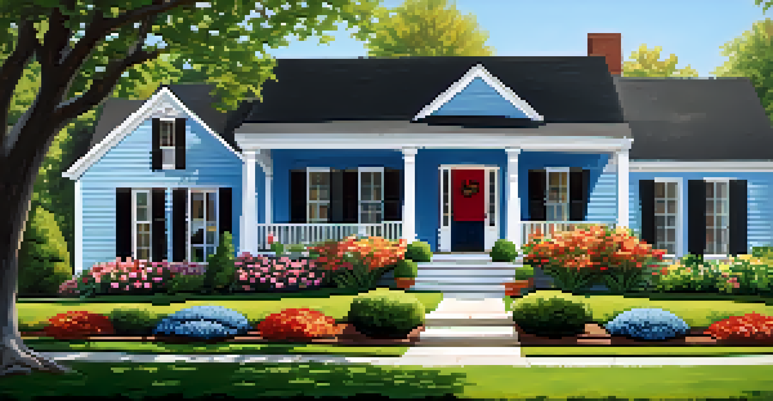 An updated home exterior with a manicured lawn, flower beds, and a welcoming front porch.