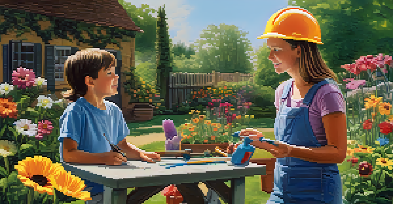 A parent teaching a child about outdoor safety in a vibrant garden setting.
