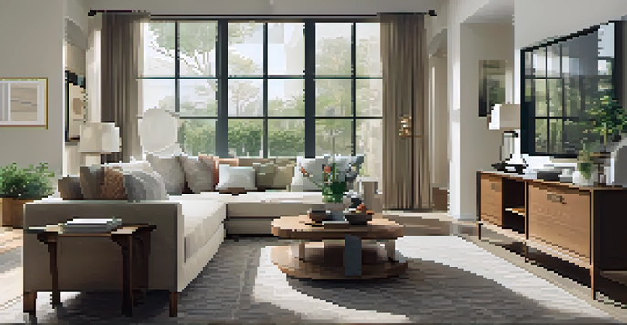 A clean and organized living room with natural light, minimal furniture, and decorative touches, creating a warm and inviting atmosphere.