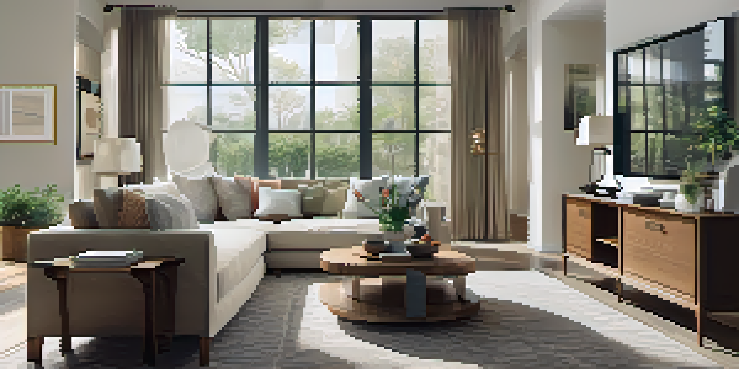A clean and organized living room with natural light, minimal furniture, and decorative touches, creating a warm and inviting atmosphere.