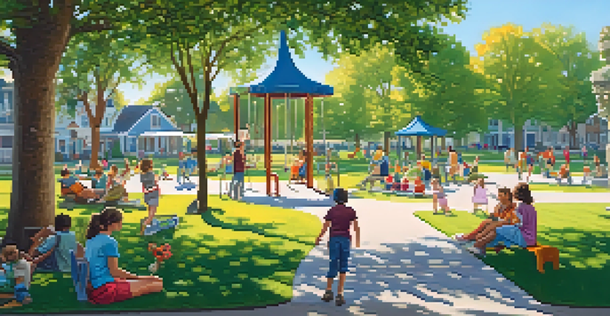 A community park filled with families, children playing on swings, and colorful flowers, under a clear blue sky.