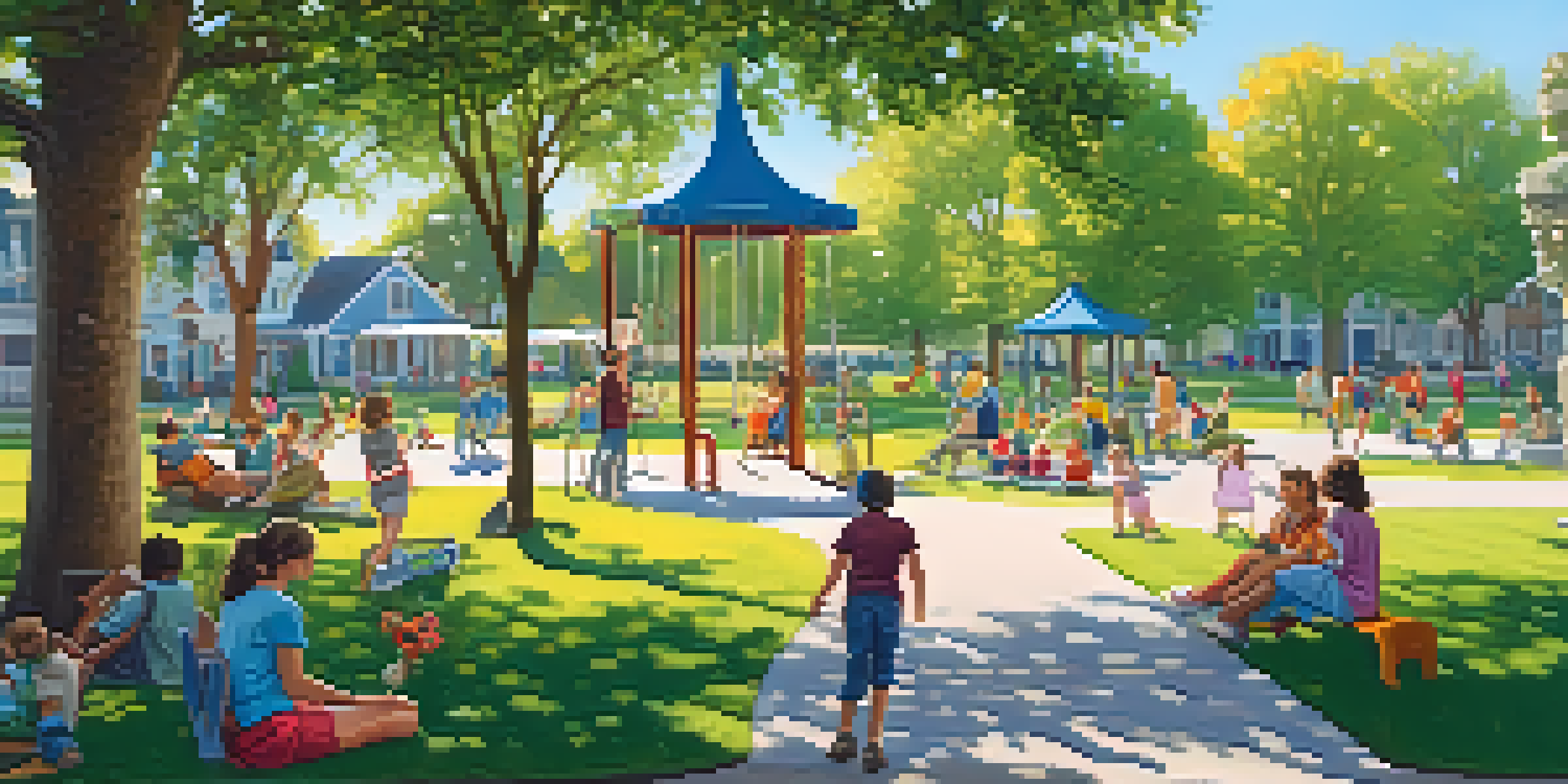 A community park filled with families, children playing on swings, and colorful flowers, under a clear blue sky.