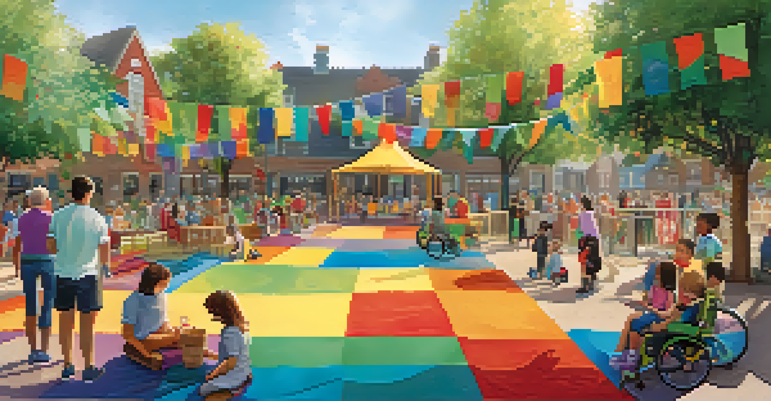 A community event celebrating the opening of an accessible play area, featuring families and children participating in inclusive activities and exploring adaptive equipment.