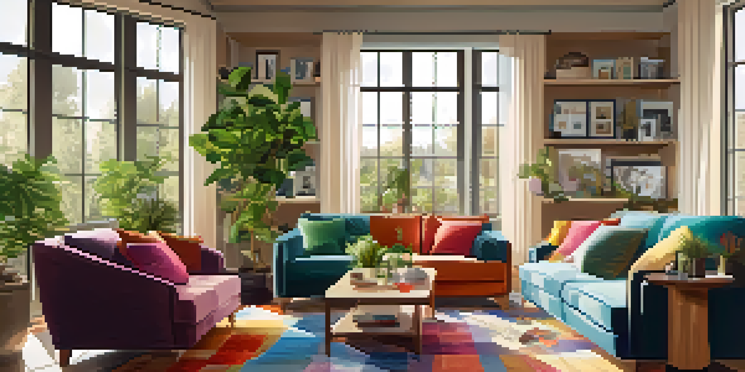 A bright and inviting living room with a comfortable sofa, colorful cushions, a coffee table with a mug and books, and potted plants in the corners.