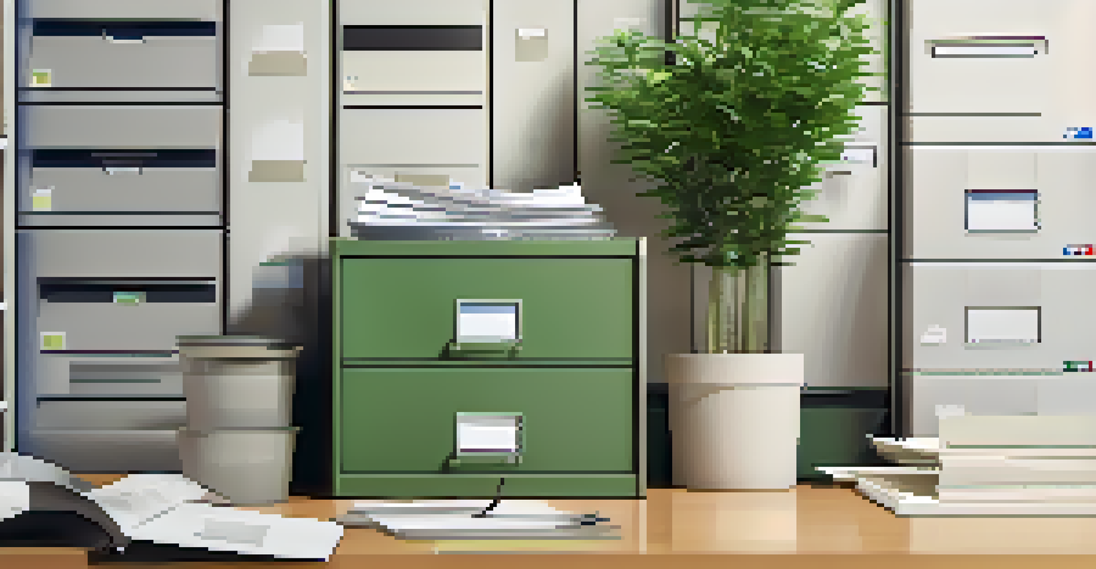 An organized file cabinet labeled 'Building Compliance Documents' with neatly arranged folders and a potted plant on top, in a well-lit office.