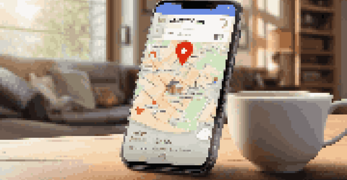 A smartphone showing a real estate app on a wooden table with a cup of coffee in a cozy living room.