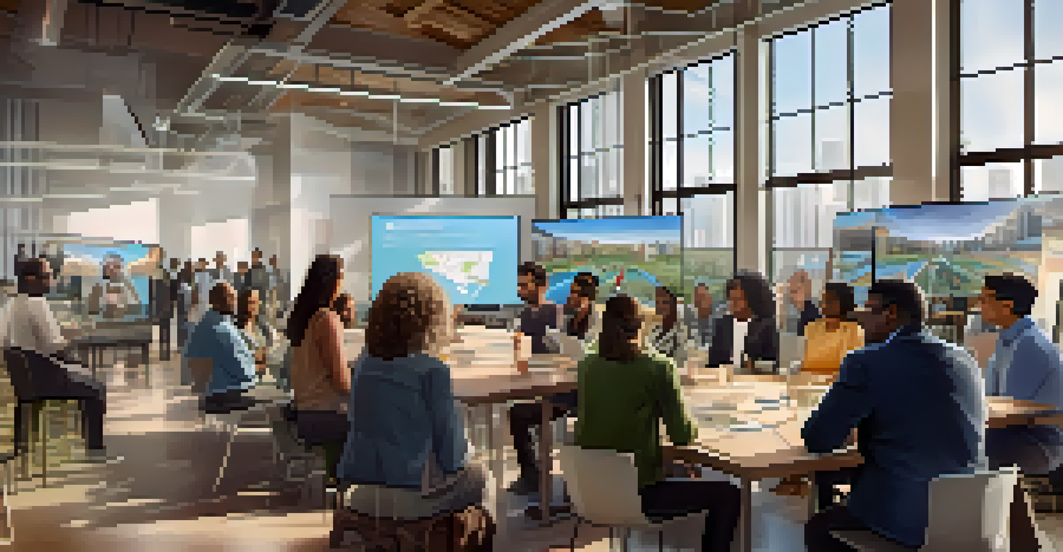 A diverse group of residents participating in a community meeting about smart city initiatives, with digital displays and charts in a bright room.