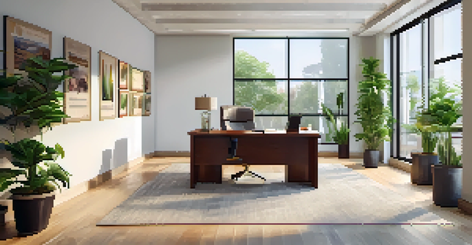 A modern real estate office with a friendly agent meeting a client at a wooden desk, brightened by natural light from a window.