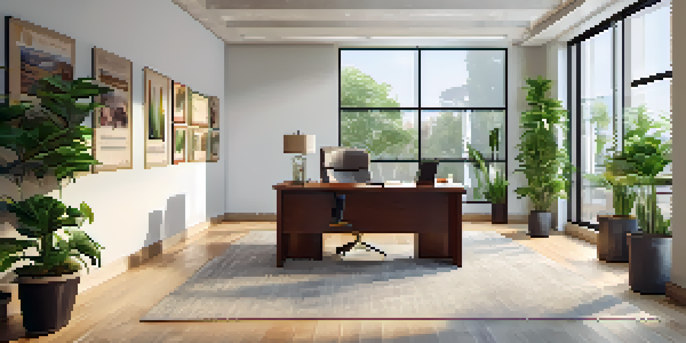 A modern real estate office with a friendly agent meeting a client at a wooden desk, brightened by natural light from a window.