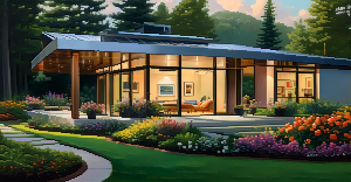A modern house with a reflective metal roof, surrounded by greenery and flowers, illuminated by warm golden hour light.